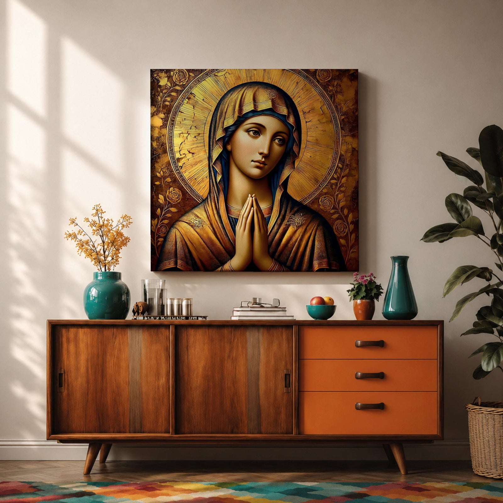 Virgin Mary Wall Art Theotokos Framed Canvas Antique Byzantine Catholic Rustic Home Decor