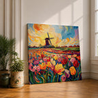 Tulip Field Wall Art Dutch Windmill Framed Canvas Holland Landscape Impasto Farmhouse Home Decor