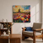 Tulip Field Wall Art Dutch Windmill Framed Canvas Holland Landscape Impasto Farmhouse Home Decor