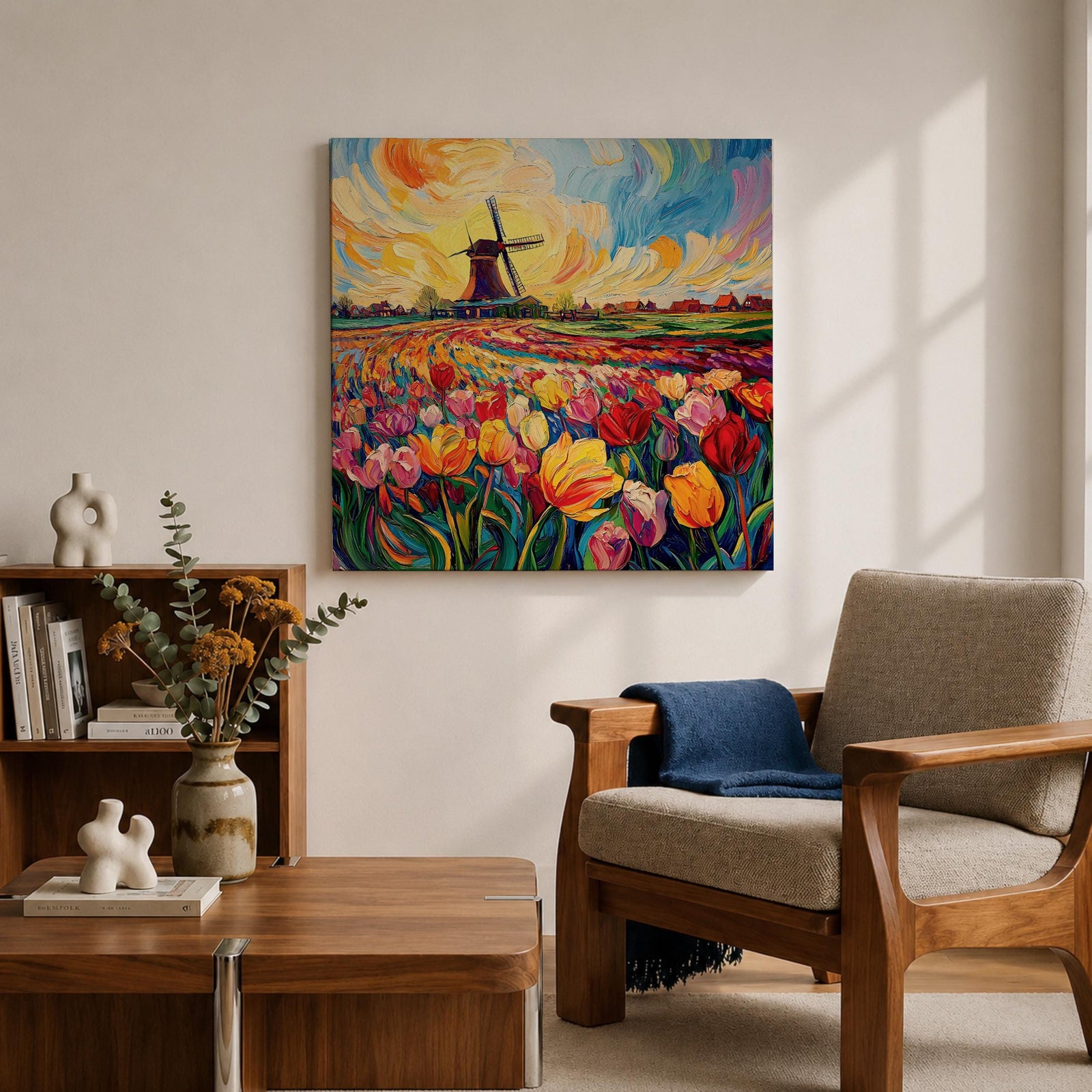 Tulip Field Wall Art Dutch Windmill Framed Canvas Holland Landscape Impasto Farmhouse Home Decor