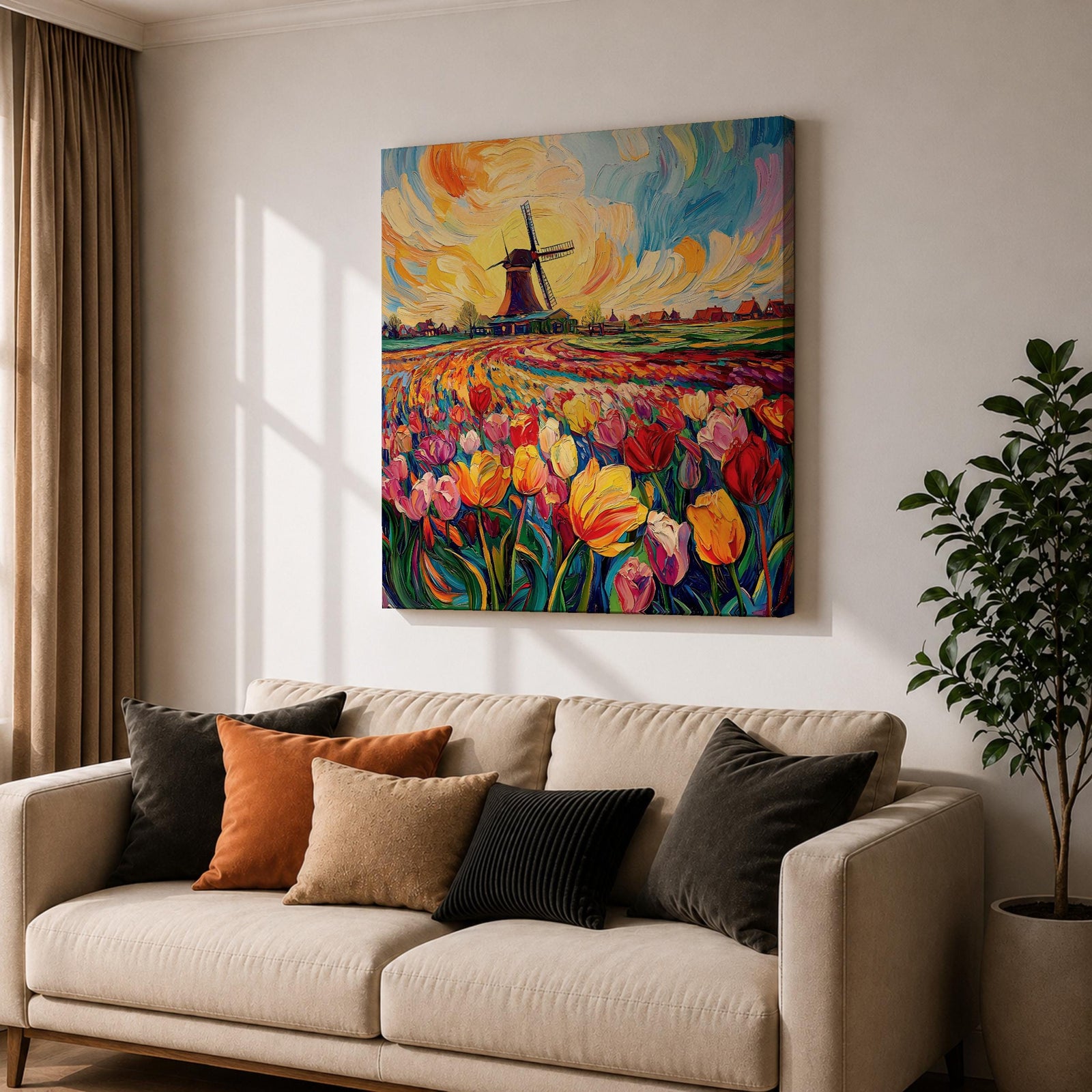 Tulip Field Wall Art Dutch Windmill Framed Canvas Holland Landscape Impasto Farmhouse Home Decor