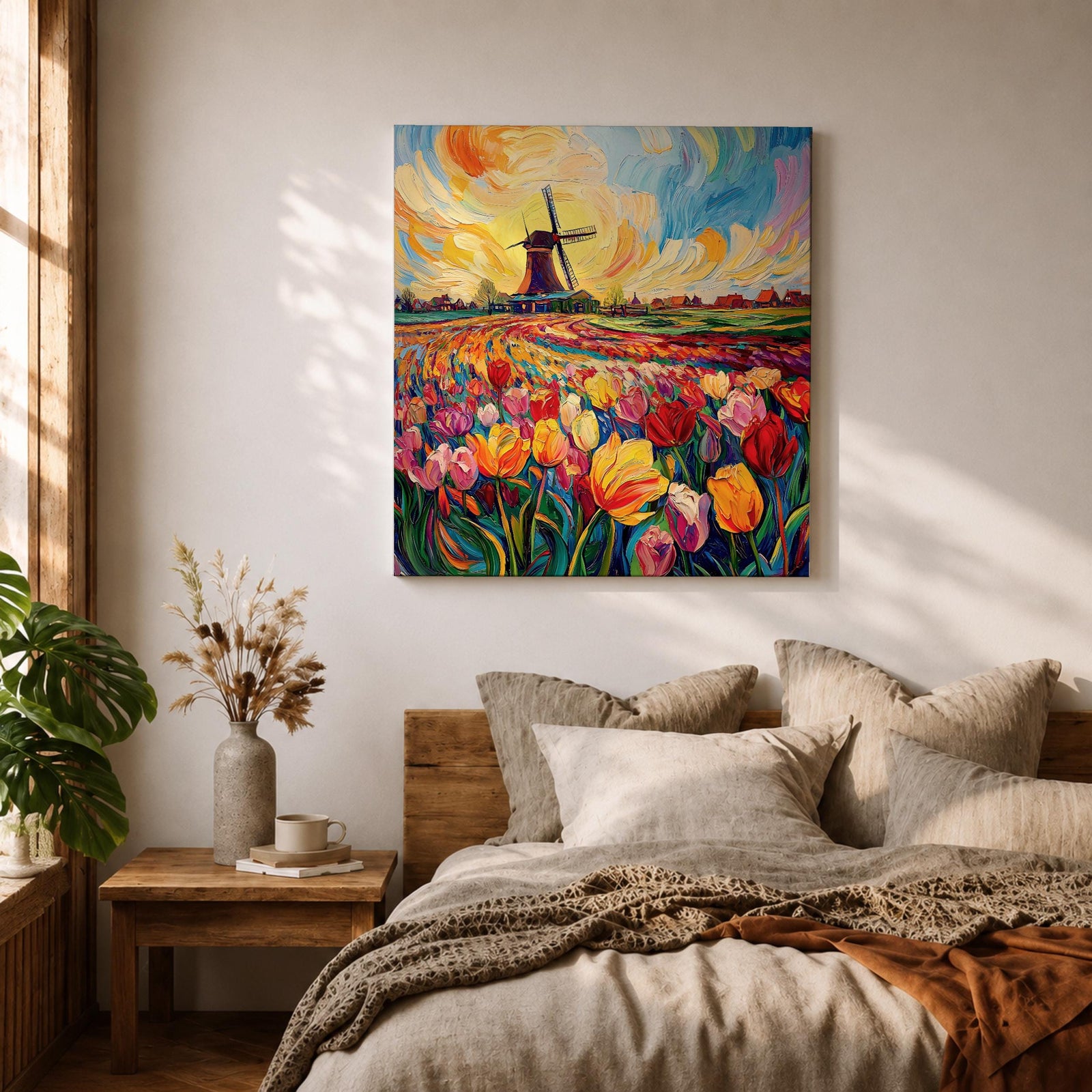 Tulip Field Wall Art Dutch Windmill Framed Canvas Holland Landscape Impasto Farmhouse Home Decor