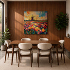 Tulip Field Wall Art Dutch Windmill Framed Canvas Holland Landscape Impasto Farmhouse Home Decor