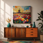 Tulip Field Wall Art Dutch Windmill Framed Canvas Holland Landscape Impasto Farmhouse Home Decor