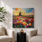 Tulip Field Wall Art Dutch Windmill Framed Canvas Holland Landscape Impasto Farmhouse Home Decor