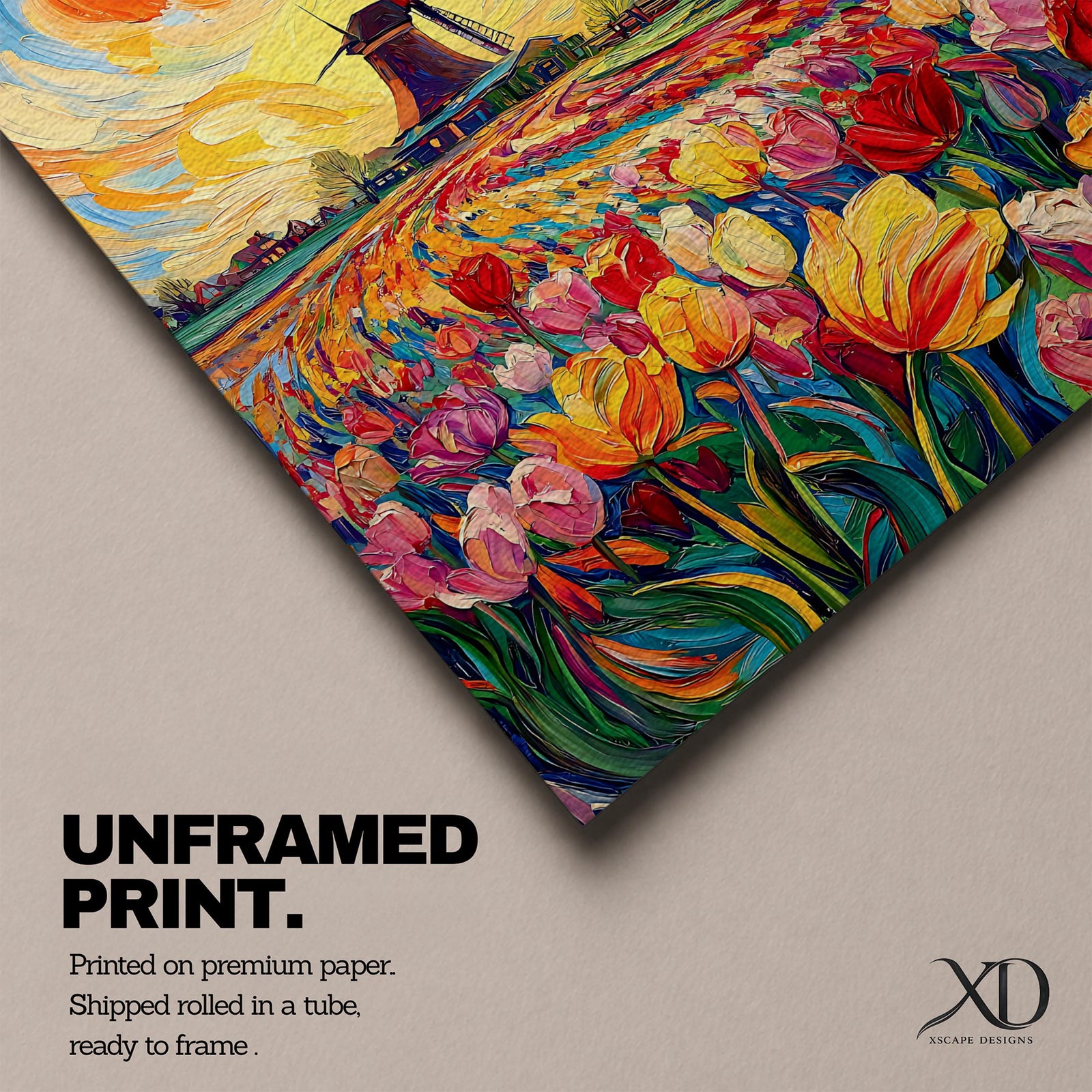 Tulip Field Wall Art Dutch Windmill Framed Canvas Holland Landscape Impasto Farmhouse Home Decor