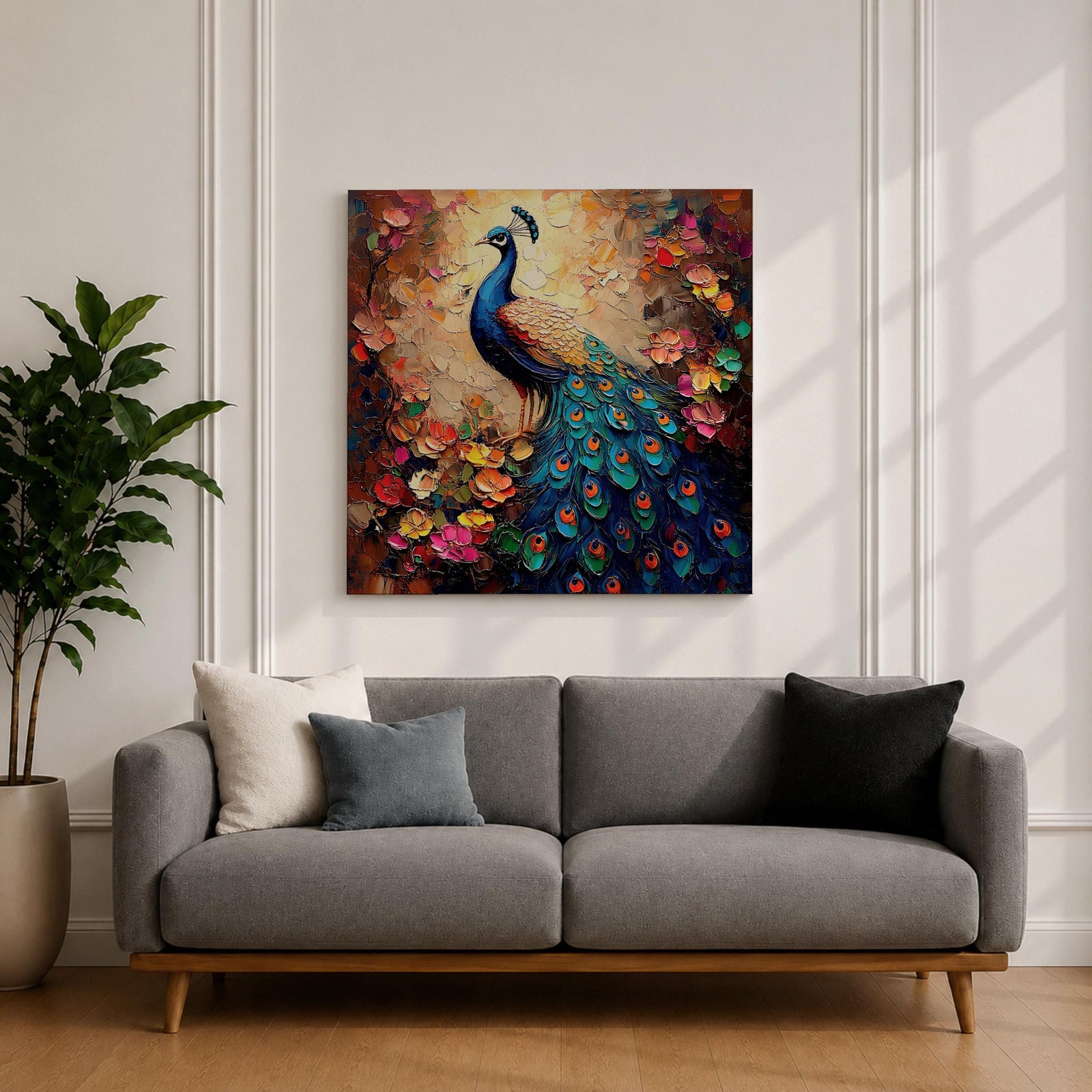 Peacock Wall Art Indian Peafowl Framed Canvas Bird Floral Impasto Boho Home Decor