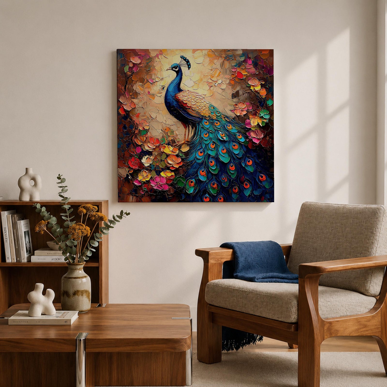Peacock Wall Art Indian Peafowl Framed Canvas Bird Floral Impasto Boho Home Decor