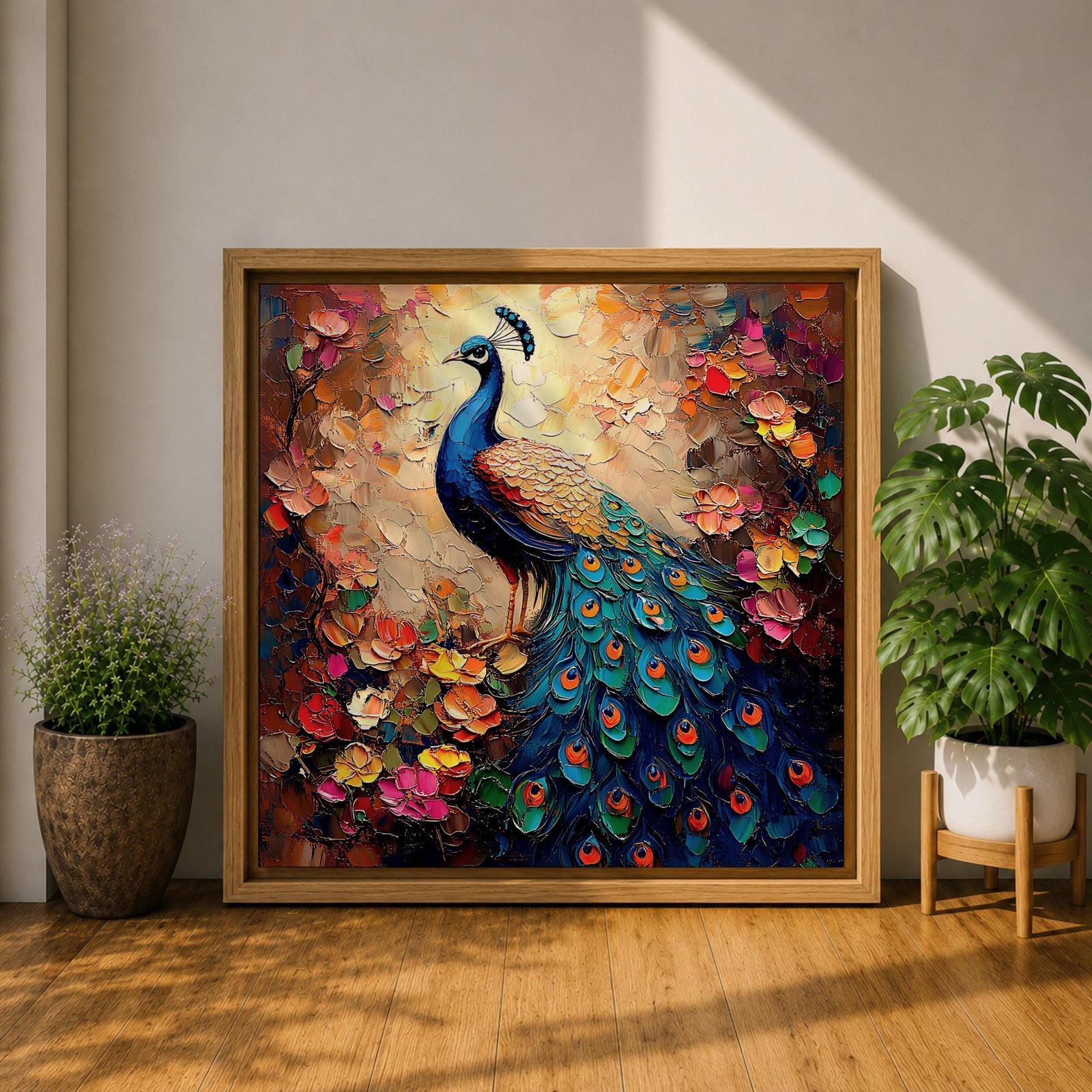 Peacock Wall Art Indian Peafowl Framed Canvas Bird Floral Impasto Boho Home Decor