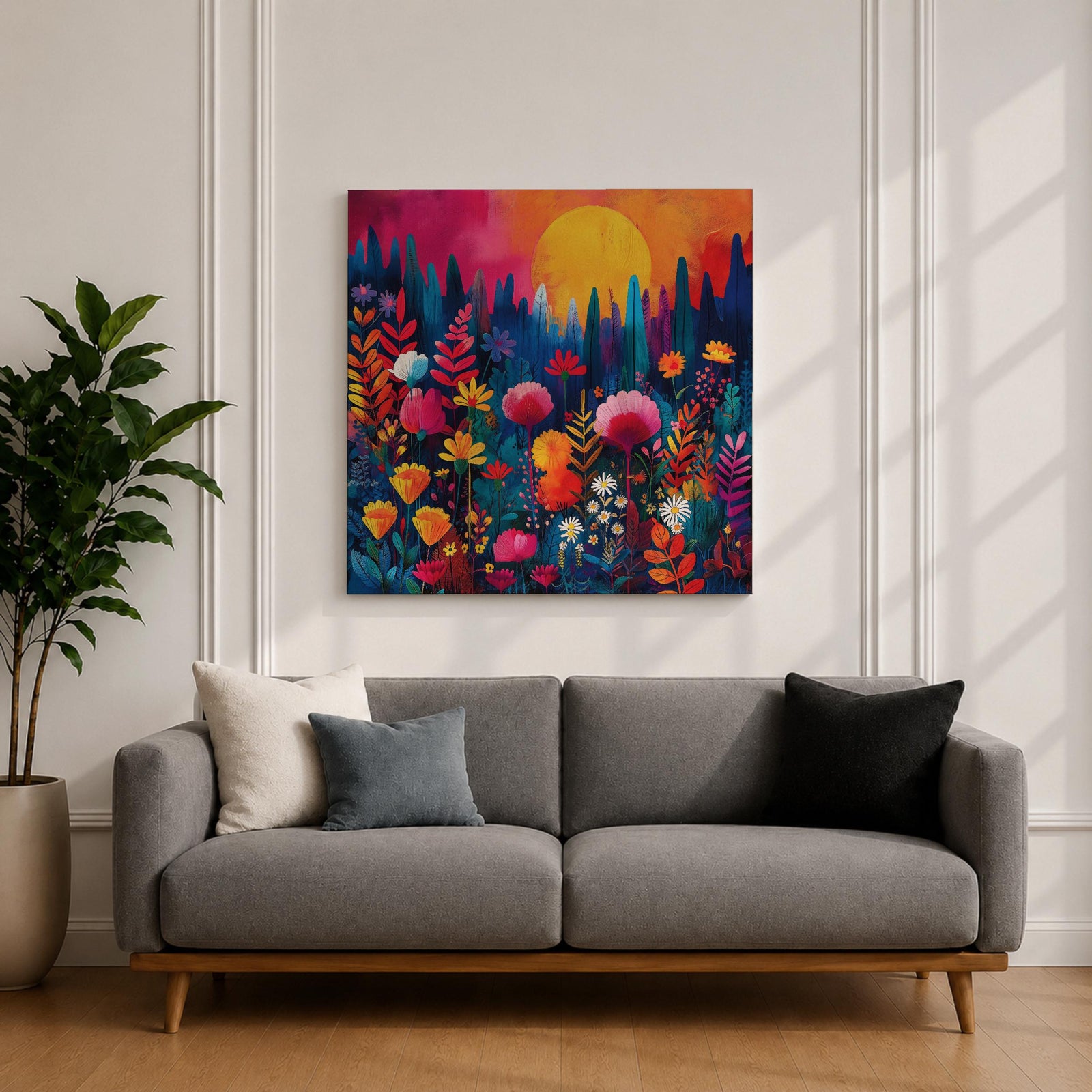 Wildflower Sunset Wall Art Boho Floral Landscape Framed Canvas Botanical Nature Home Decor