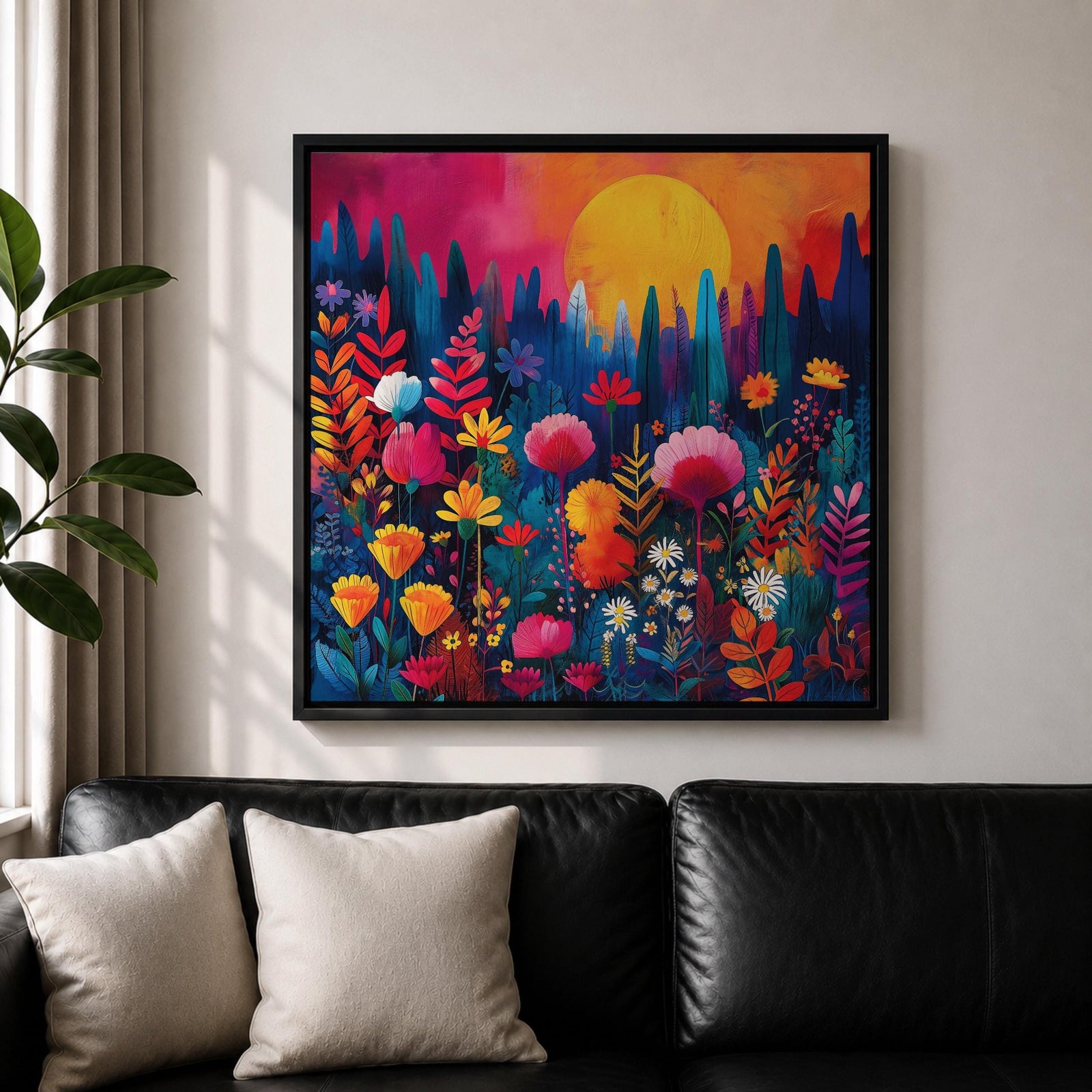 Wildflower Sunset Wall Art Boho Floral Landscape Framed Canvas Botanical Nature Home Decor