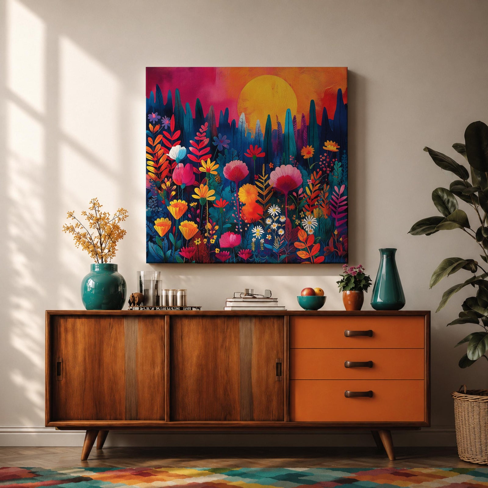 Wildflower Sunset Wall Art Boho Floral Landscape Framed Canvas Botanical Nature Home Decor