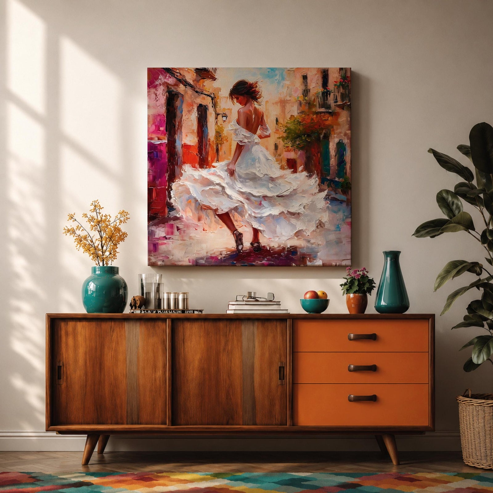 Flamenco Dancer Wall Art Spanish Dance Framed Canvas Impasto Latin Cultural Dance Home Decor