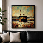 Kaaba Wall Art Sacred Mosque Framed Canvas Makkah Impasto Islamic Rustic Home Decor