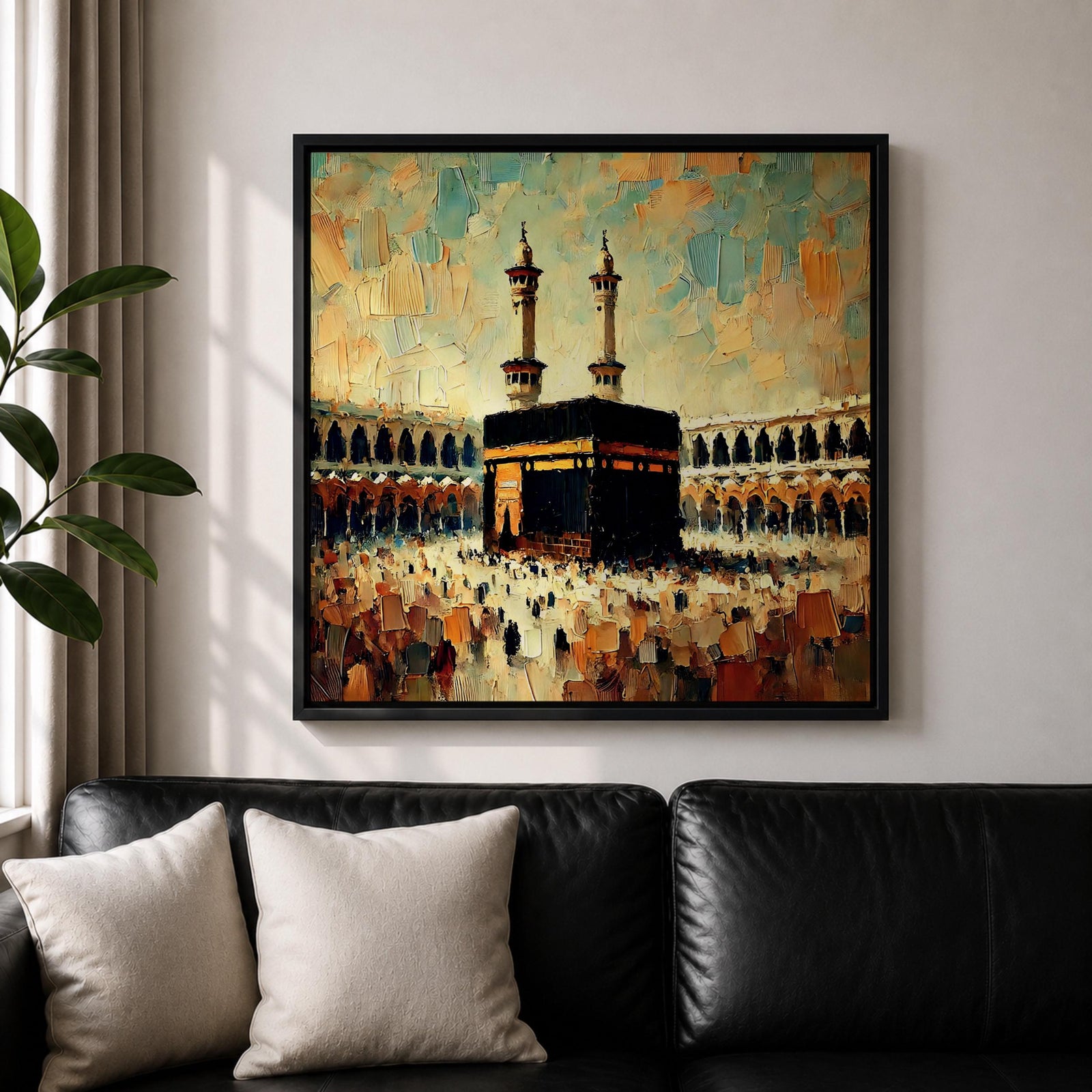 Kaaba Wall Art Sacred Mosque Framed Canvas Makkah Impasto Islamic Rustic Home Decor