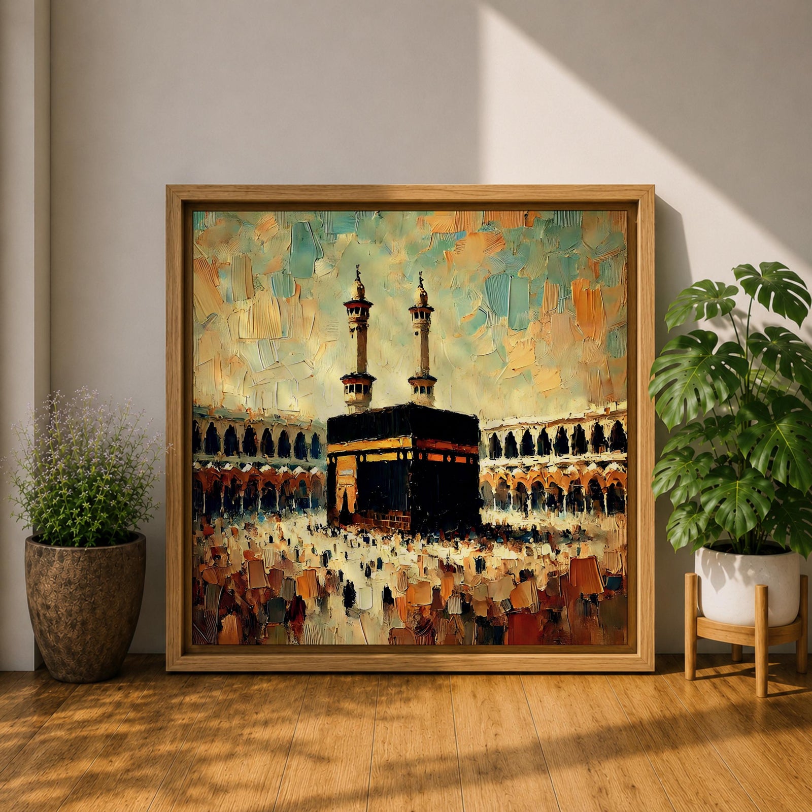 Kaaba Wall Art Sacred Mosque Framed Canvas Makkah Impasto Islamic Rustic Home Decor