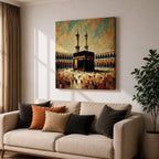 Kaaba Wall Art Sacred Mosque Framed Canvas Makkah Impasto Islamic Rustic Home Decor