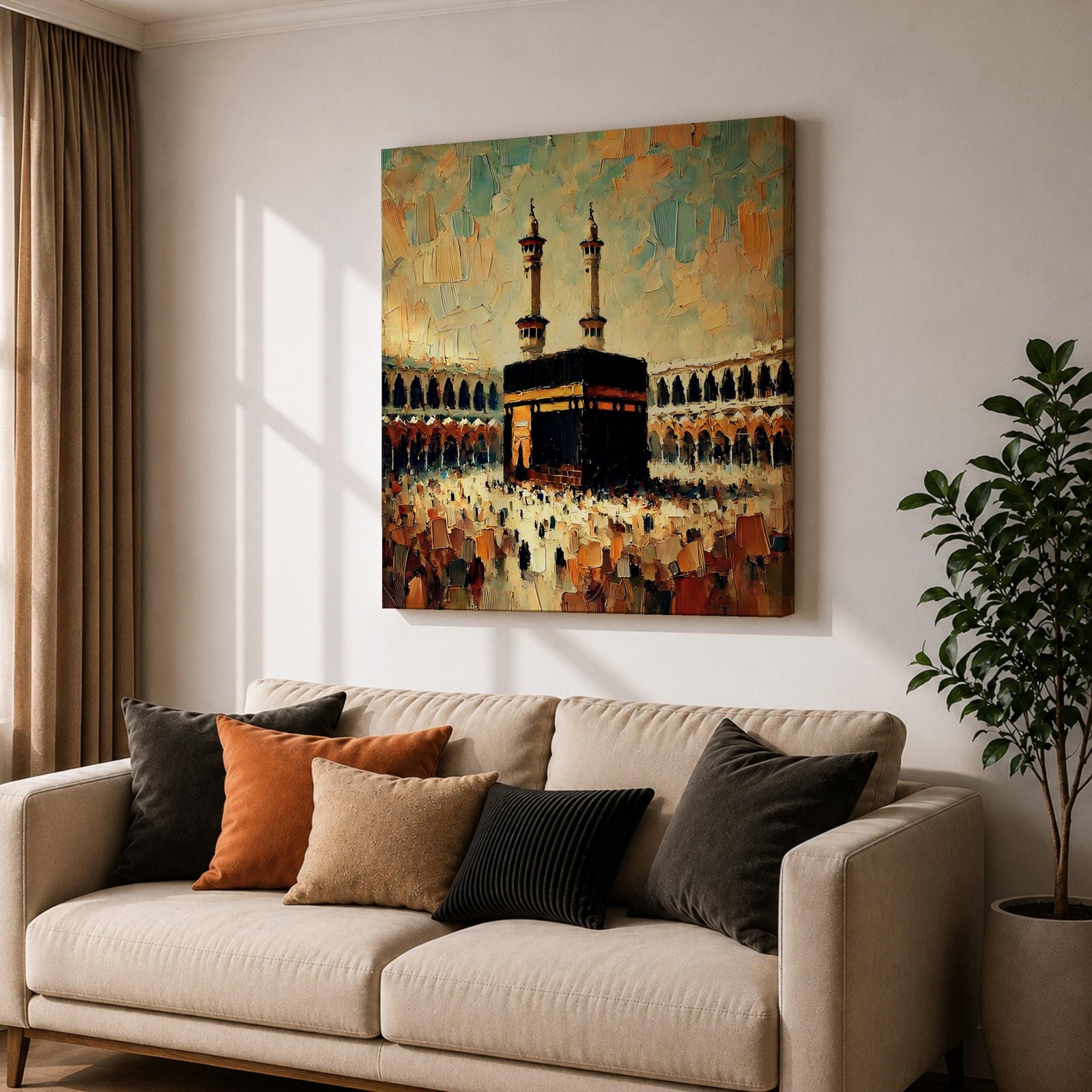 Kaaba Wall Art Sacred Mosque Framed Canvas Makkah Impasto Islamic Rustic Home Decor