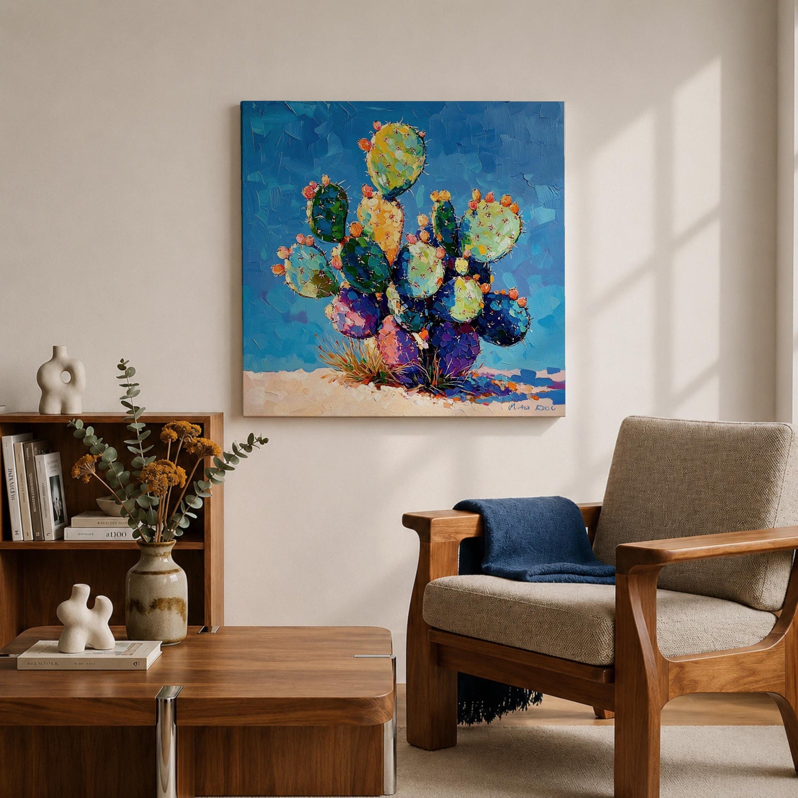 Prickly Pear Cactus Wall Art Southwestern Boho Framed Canvas Impasto Desert Nature Home Decor