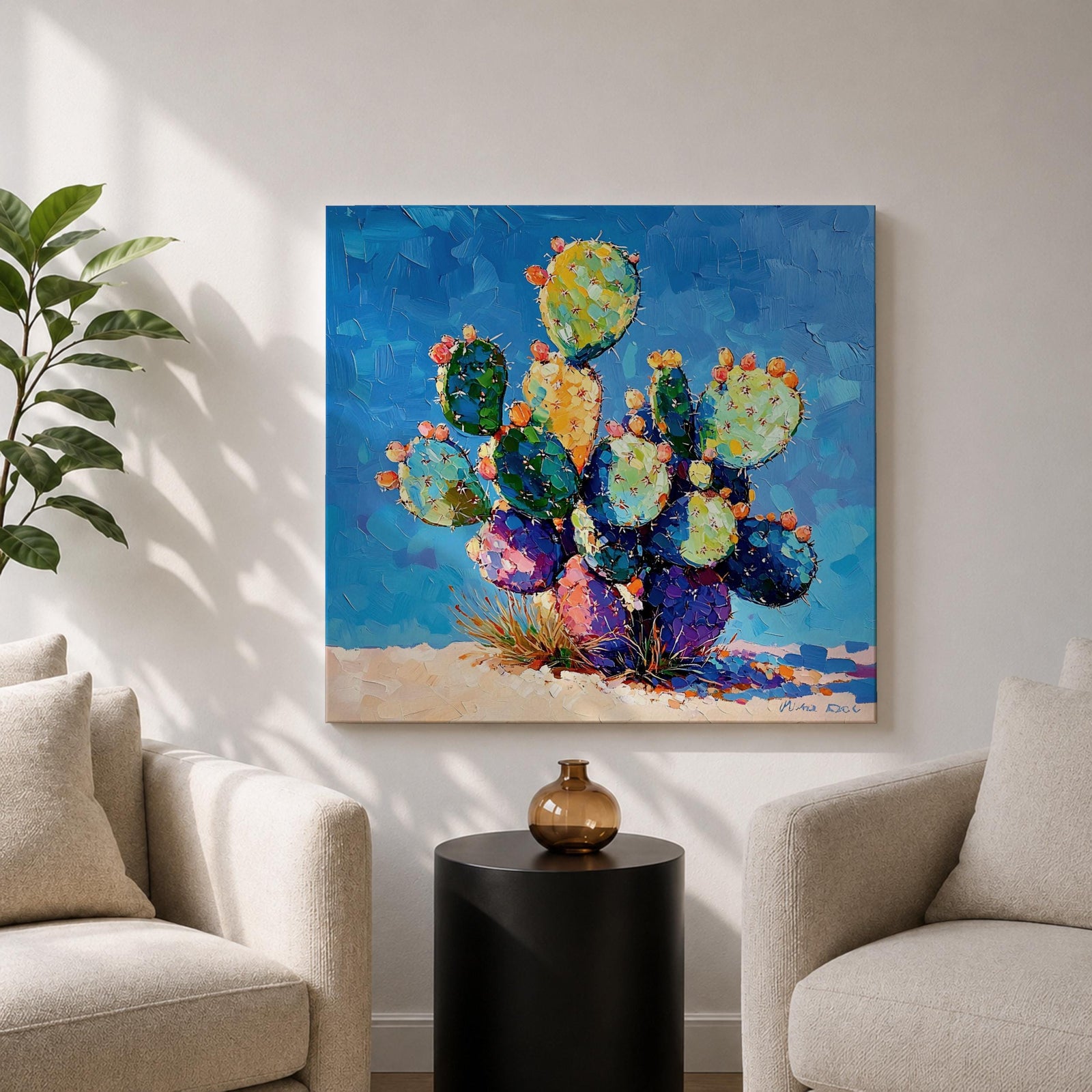 Prickly Pear Cactus Wall Art Southwestern Boho Framed Canvas Impasto Desert Nature Home Decor