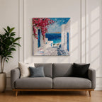 Santorini Greece Wall Art Mediterranean Village Framed Canvas Coastal Impasto Landscape Living Room Decor