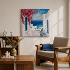 Santorini Greece Wall Art Mediterranean Village Framed Canvas Coastal Impasto Landscape Living Room Decor