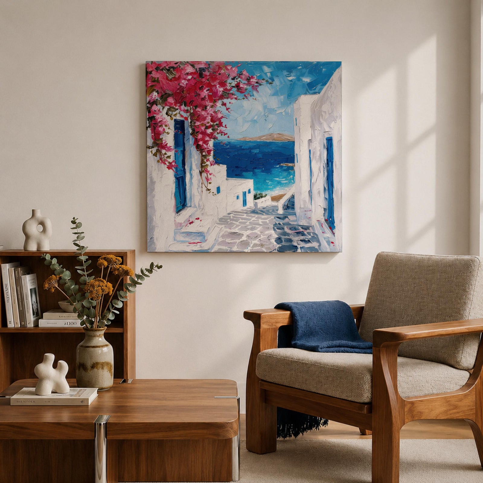 Santorini Greece Wall Art Mediterranean Village Framed Canvas Coastal Impasto Landscape Living Room Decor