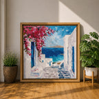 Santorini Greece Wall Art Mediterranean Village Framed Canvas Coastal Impasto Landscape Living Room Decor