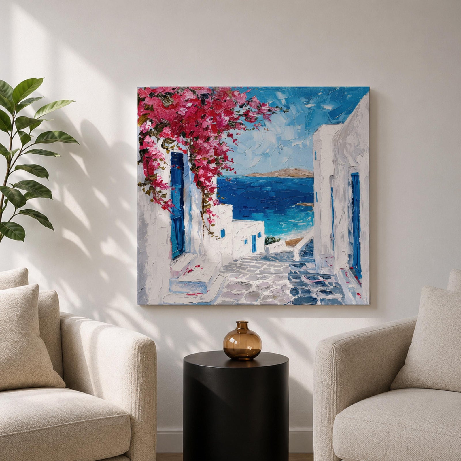 Santorini Greece Wall Art Mediterranean Village Framed Canvas Coastal Impasto Landscape Living Room Decor