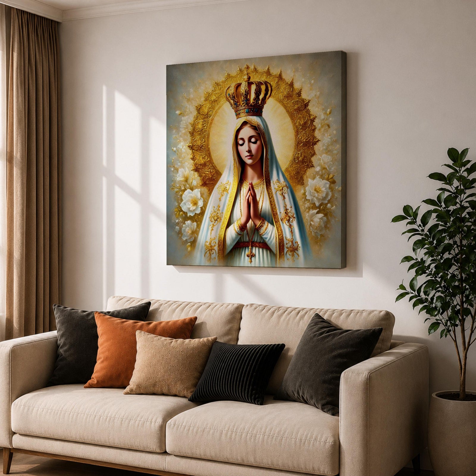 Our Lady of Fatima Wall Art Queen of Heaven Framed Canvas Catholic Home Decor