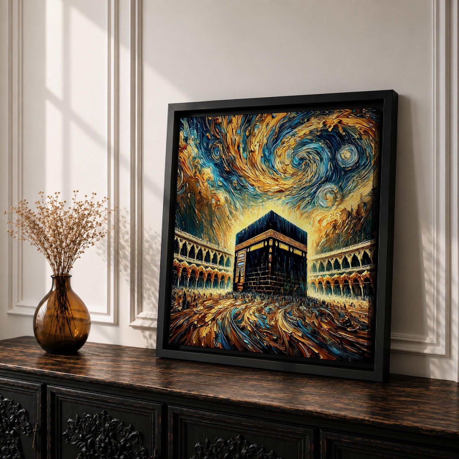 Kaaba Wall Art Masjid al Haram Framed Canvas Mecca Abstract Impasto Islamic Home Decor