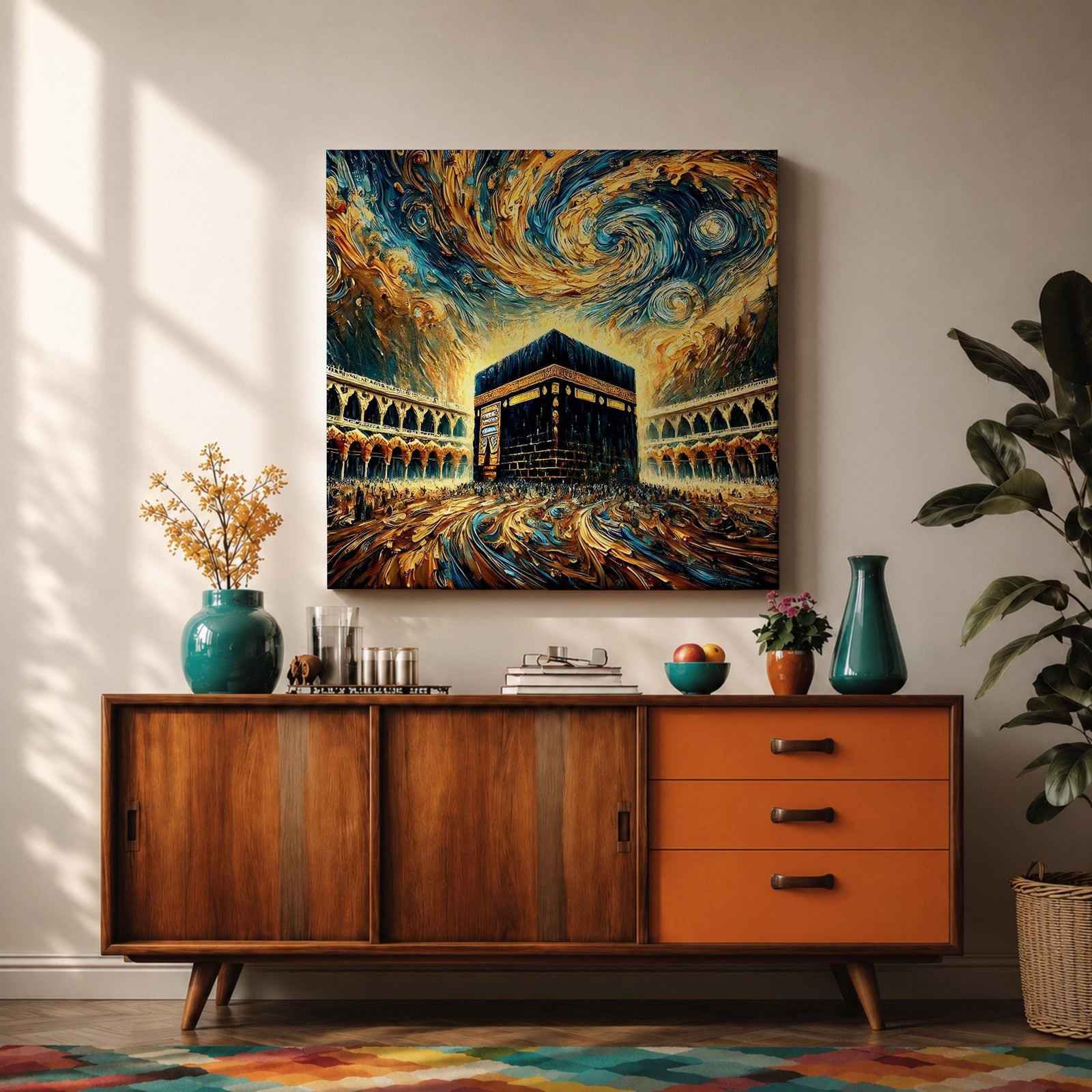Kaaba Wall Art Masjid al Haram Framed Canvas Mecca Abstract Impasto Islamic Home Decor
