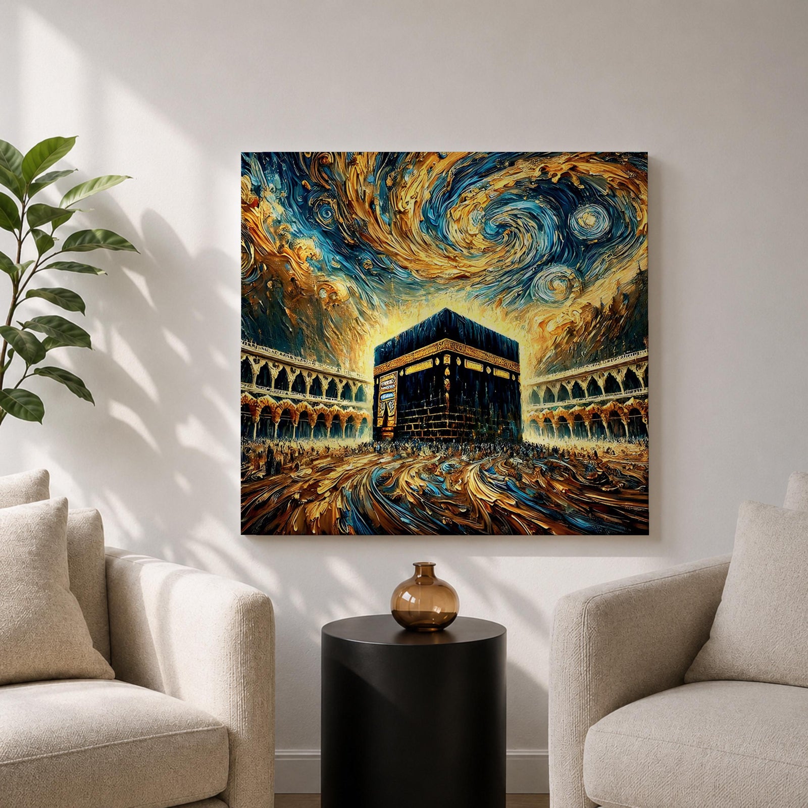 Kaaba Wall Art Masjid al Haram Framed Canvas Mecca Abstract Impasto Islamic Home Decor