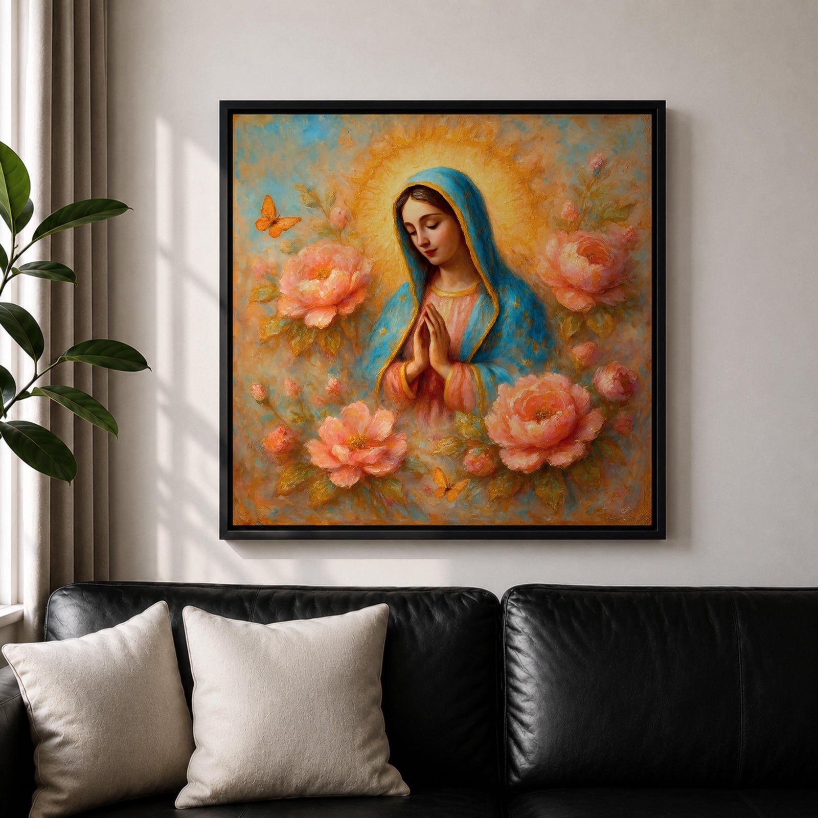 Our Lady of Guadalupe Wall Art La Guadalupana Framed Canvas Floral Catholic Home Decor