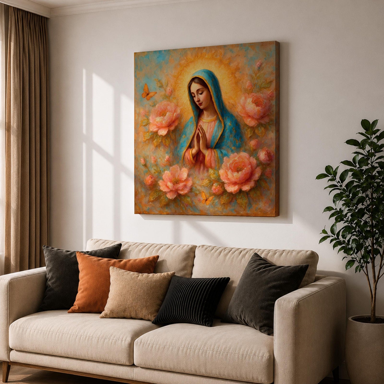 Our Lady of Guadalupe Wall Art La Guadalupana Framed Canvas Floral Catholic Home Decor