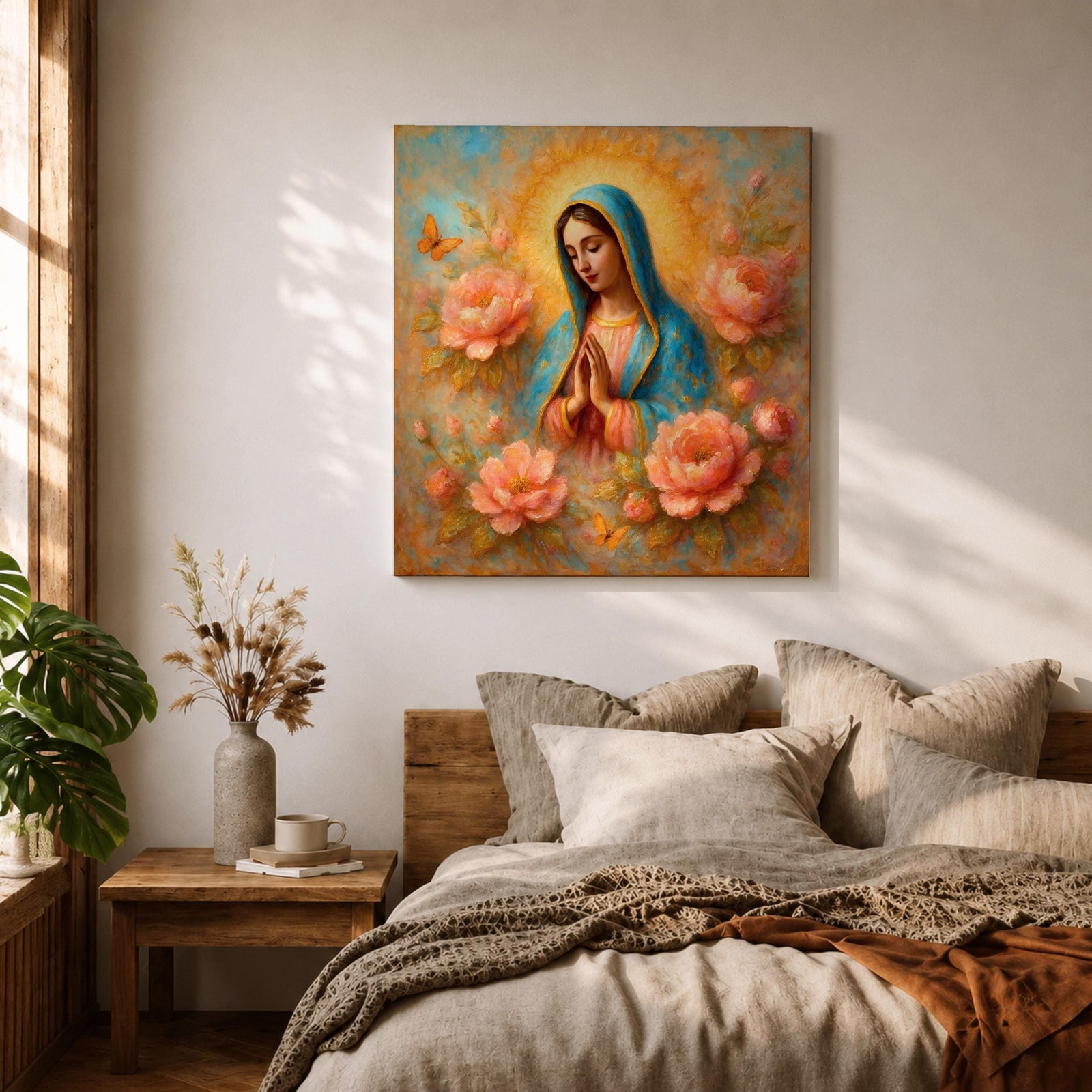 Our Lady of Guadalupe Wall Art La Guadalupana Framed Canvas Floral Catholic Home Decor