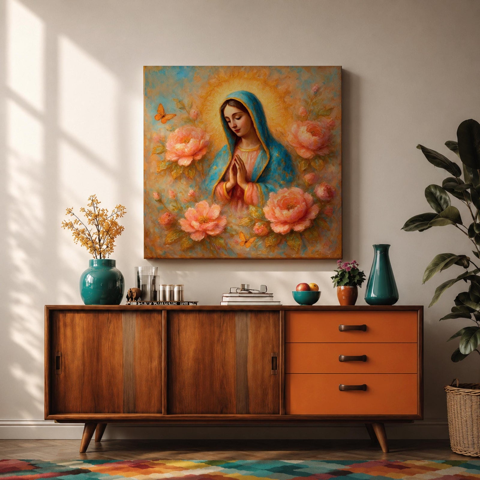 Our Lady of Guadalupe Wall Art La Guadalupana Framed Canvas Floral Catholic Home Decor