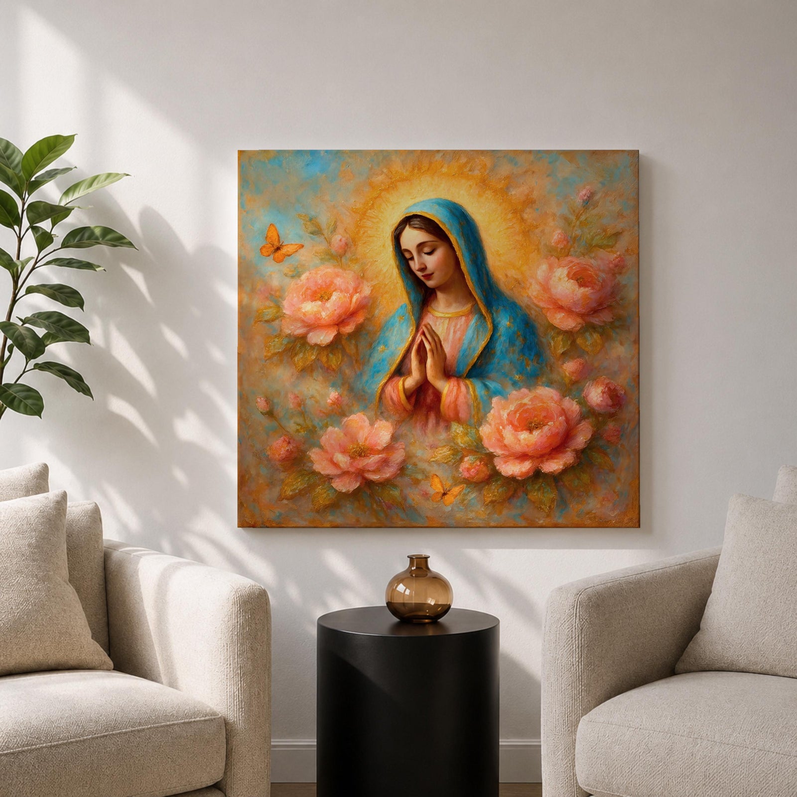 Our Lady of Guadalupe Wall Art La Guadalupana Framed Canvas Floral Catholic Home Decor