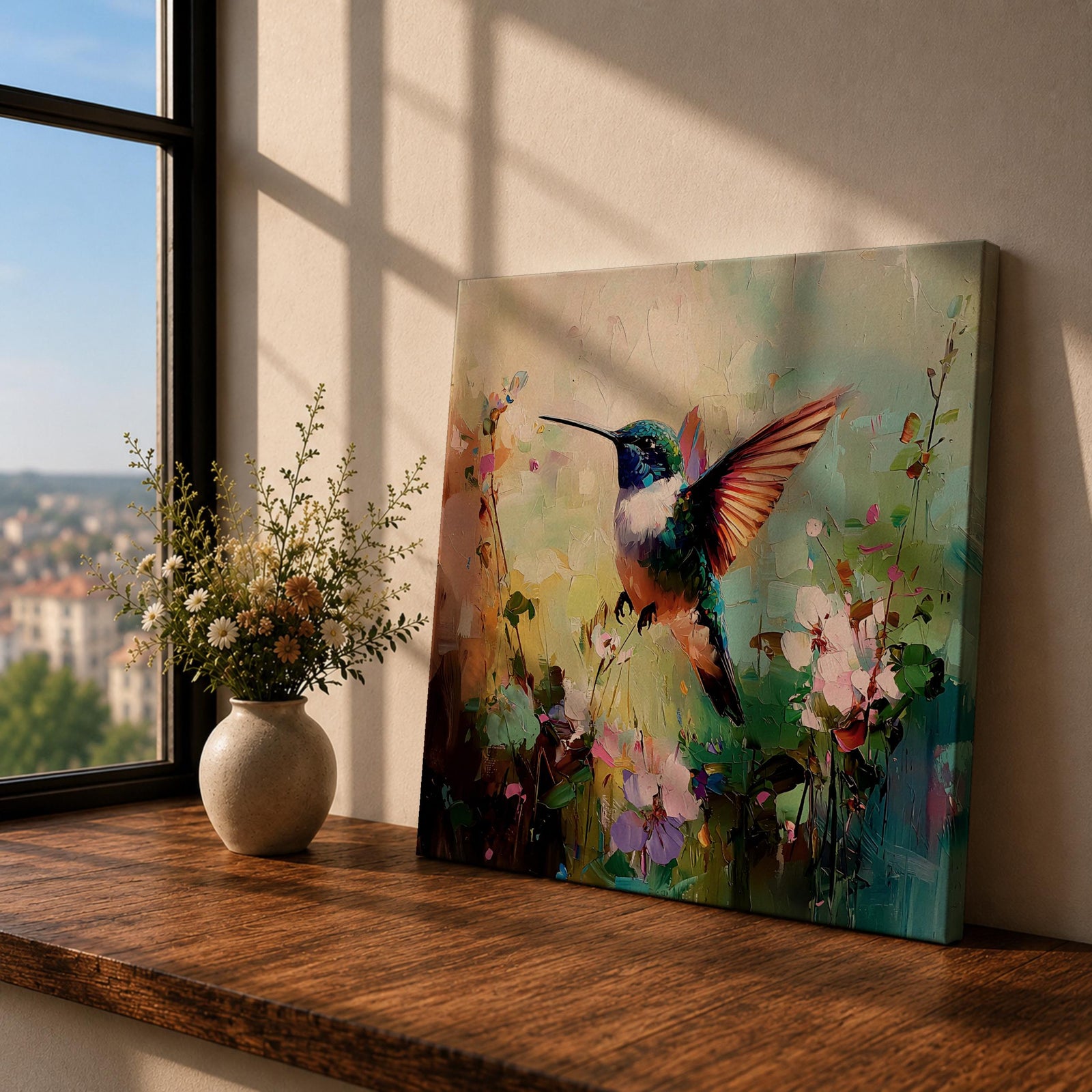 Hummingbird Wall Art Garden Bird Framed Canvas Floral Nature Impasto Boho Home Decor