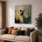 Hummingbird Wall Art Garden Bird Framed Canvas Floral Nature Impasto Boho Home Decor