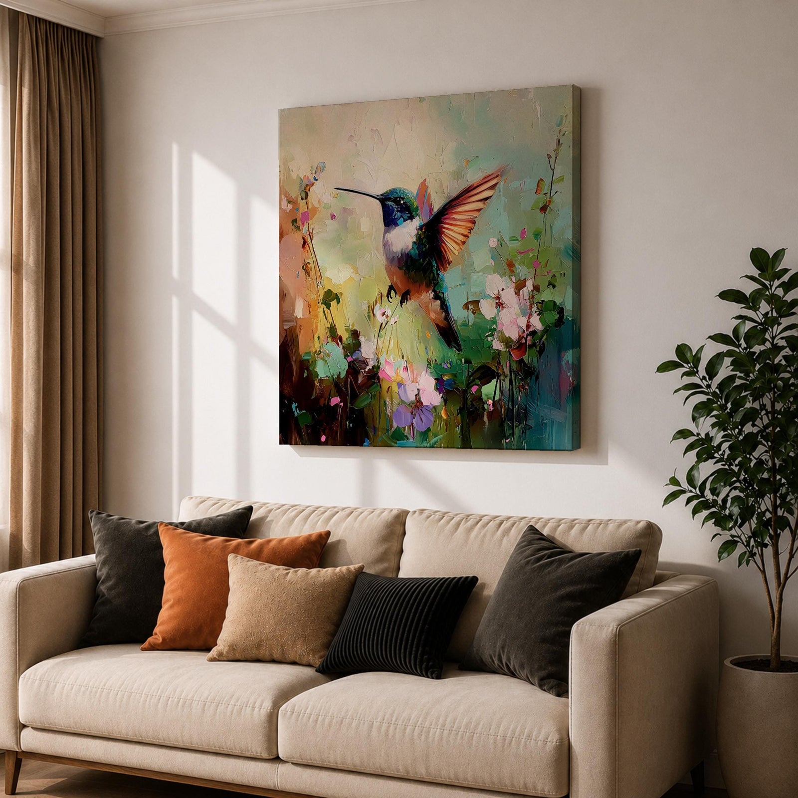 Hummingbird Wall Art Garden Bird Framed Canvas Floral Nature Impasto Boho Home Decor