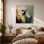 Hummingbird Wall Art Garden Bird Framed Canvas Floral Nature Impasto Boho Home Decor