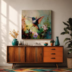 Hummingbird Wall Art Garden Bird Framed Canvas Floral Nature Impasto Boho Home Decor