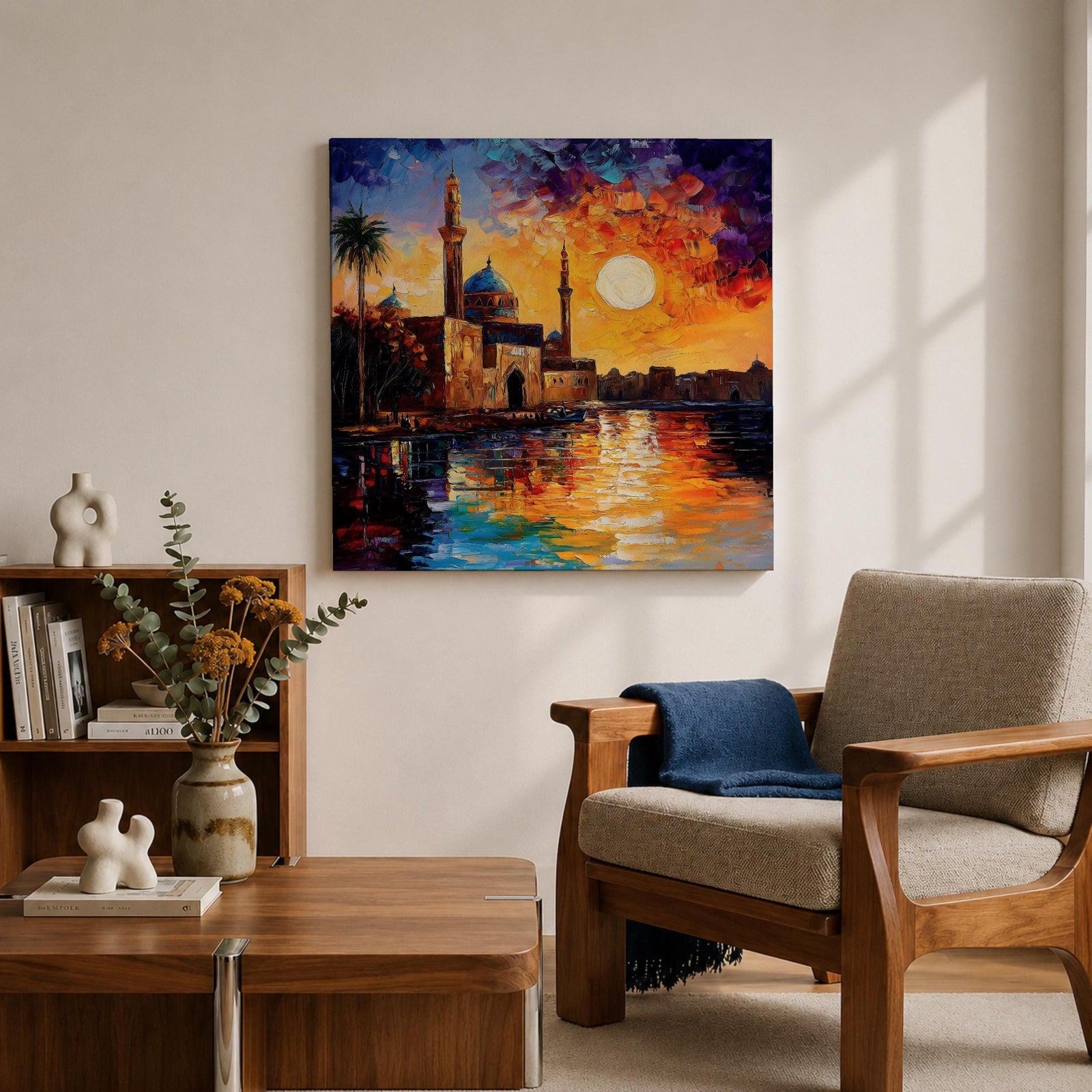 Mosque Wall Art Masjid Landscape Framed Canvas Sunset Impasto Islamic Home Decor