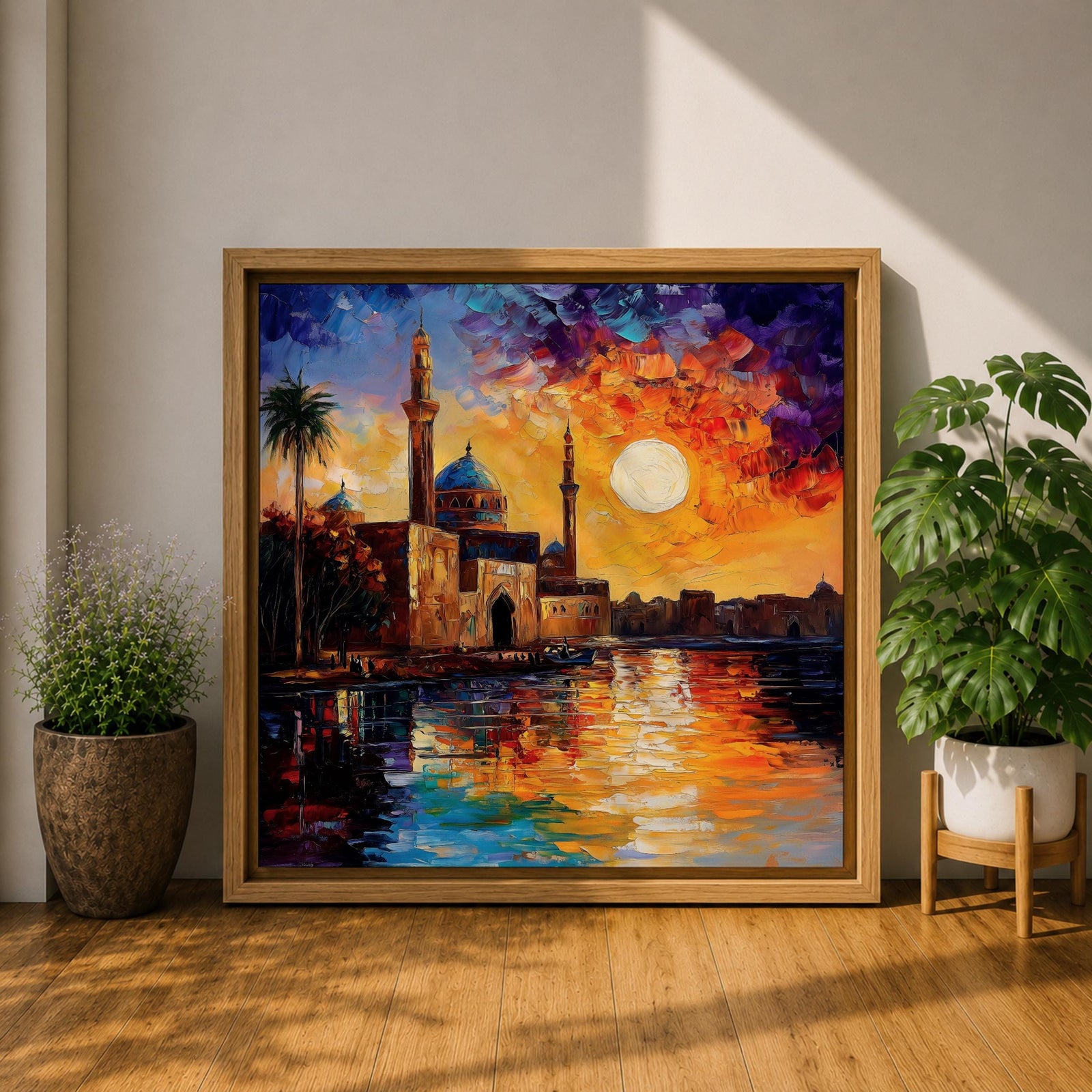 Mosque Wall Art Masjid Landscape Framed Canvas Sunset Impasto Islamic Home Decor