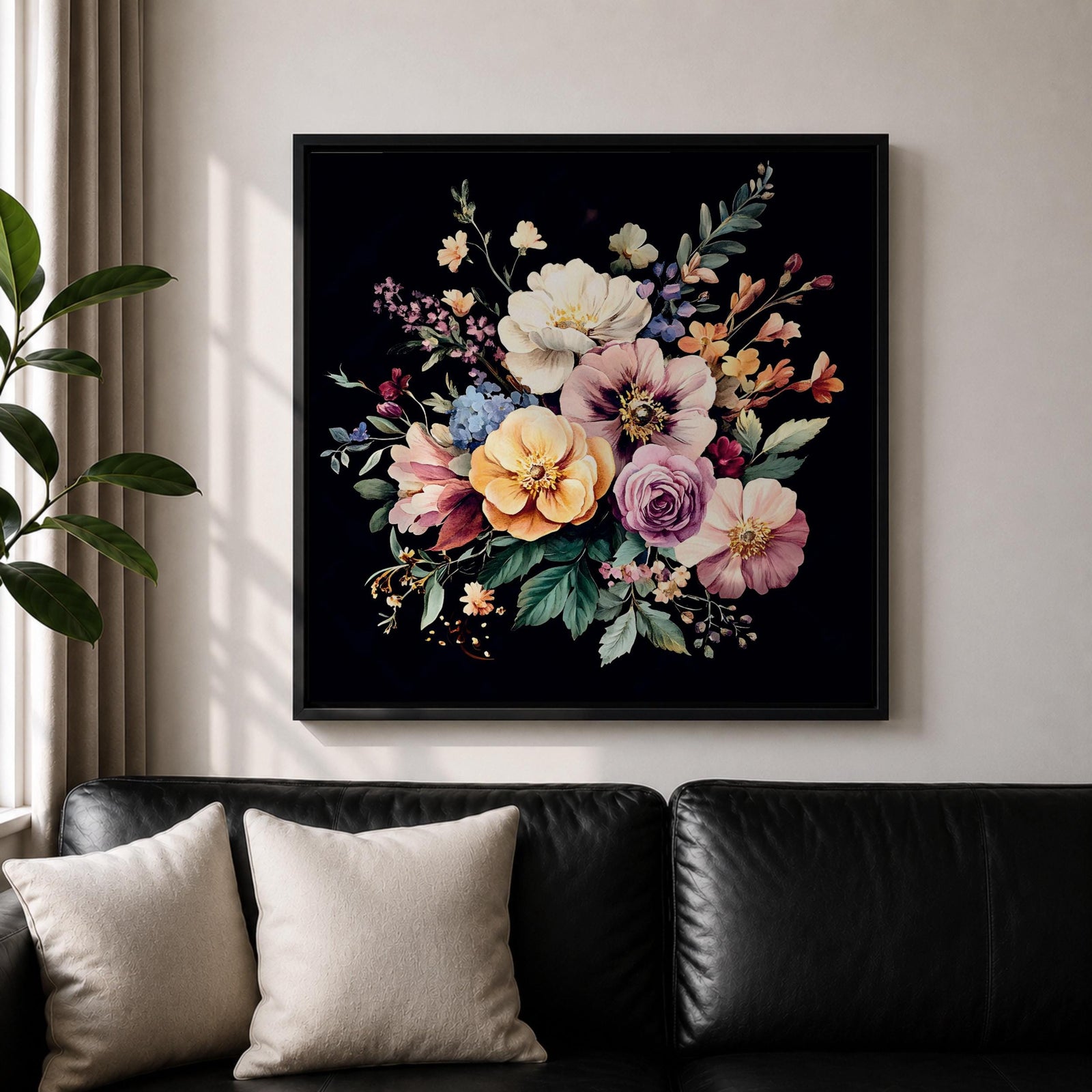 Dark Floral Bouquet Wall Art Botanical Flower Arrangement Framed Canvas Boho Home Decor