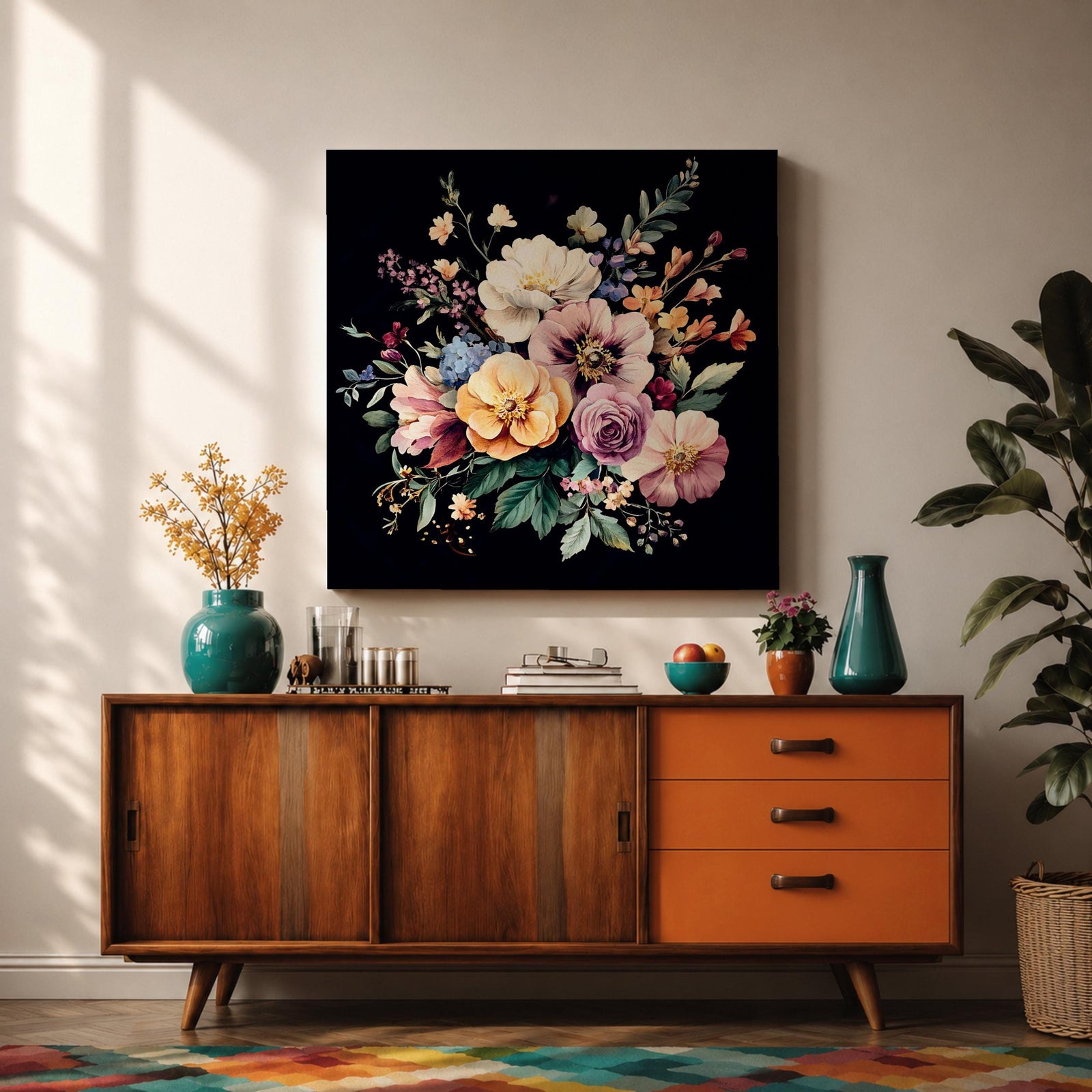 Dark Floral Bouquet Wall Art Botanical Flower Arrangement Framed Canvas Boho Home Decor