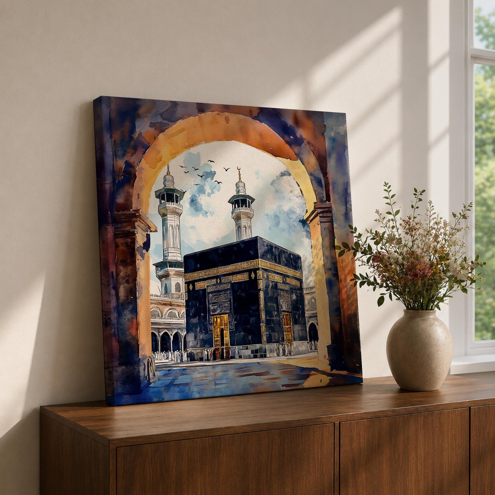 Kaaba Wall Art Doorway View Framed Canvas Masjid Al Haram Mecca Watercolor Islamic Decor