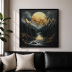 Moon Mountain Wall Art Night Landscape Framed Canvas Forest River Rustic Home Decor