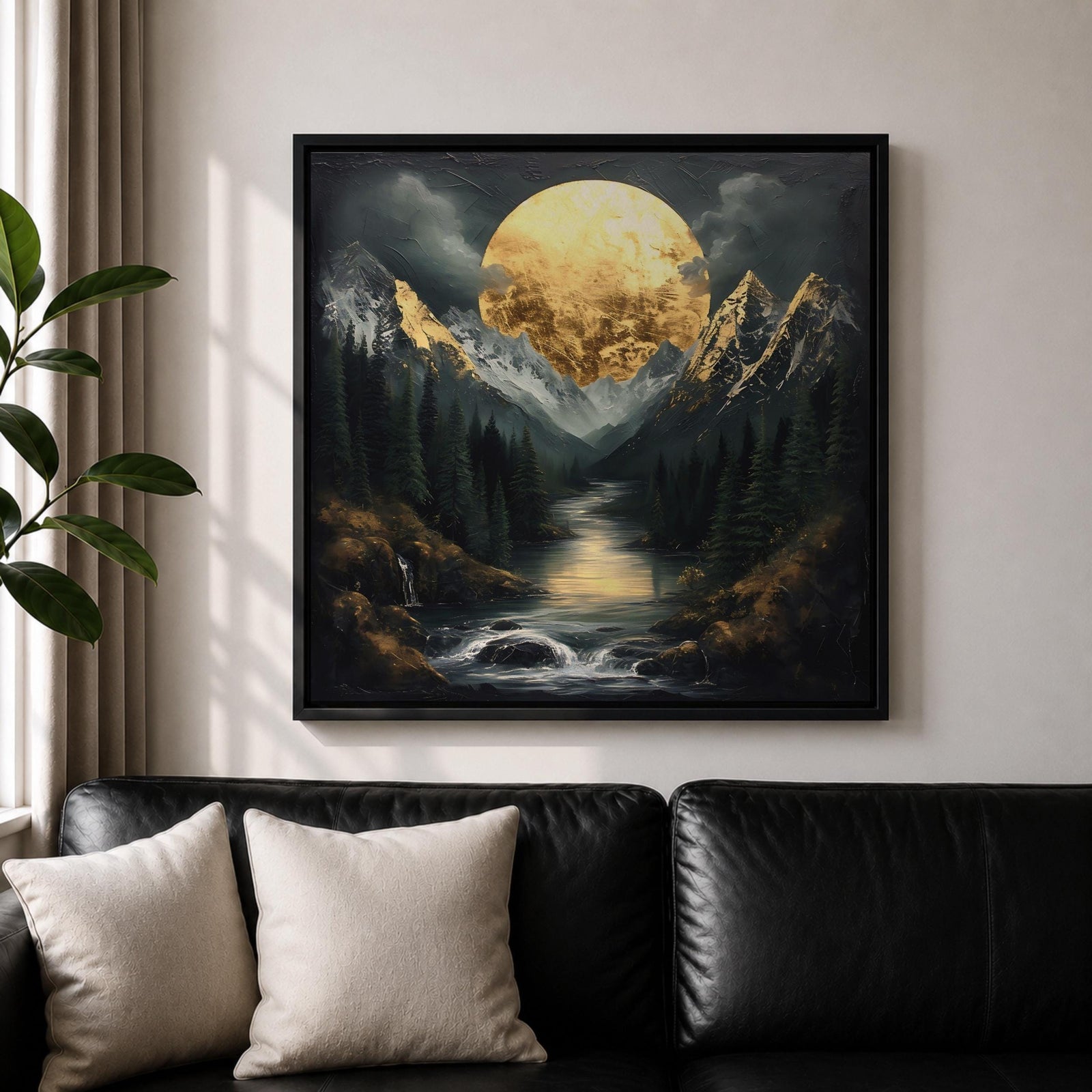 Moon Mountain Wall Art Night Landscape Framed Canvas Forest River Rustic Home Decor